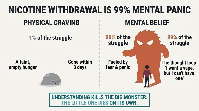 Side-by-side comparison showing the physical nicotine craving as a tiny, feeble 1% monster, while the mental belief and panic is depicted as a giant, towering 99% monster.