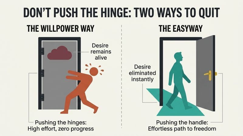 Split diagram comparing the willpower method of quitting vaping, shown as trying to push open a door on its hinge side, to the Easyway method of understanding, which opens the door effortlessly from the handle side.