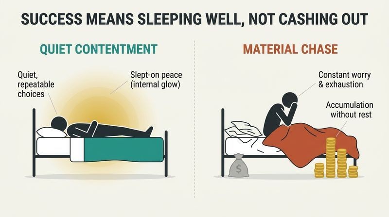 Split-panel diagram contrasting quiet, restful contentment on the left with stressful, sleepless material pursuit on the right.