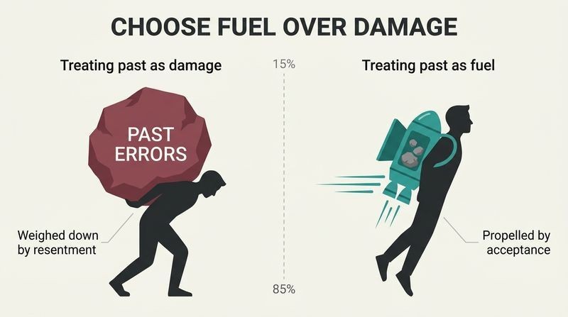 A split-panel diagram comparing a figure carrying their past as a heavy burden to a figure using those same experiences as fuel for forward motion.