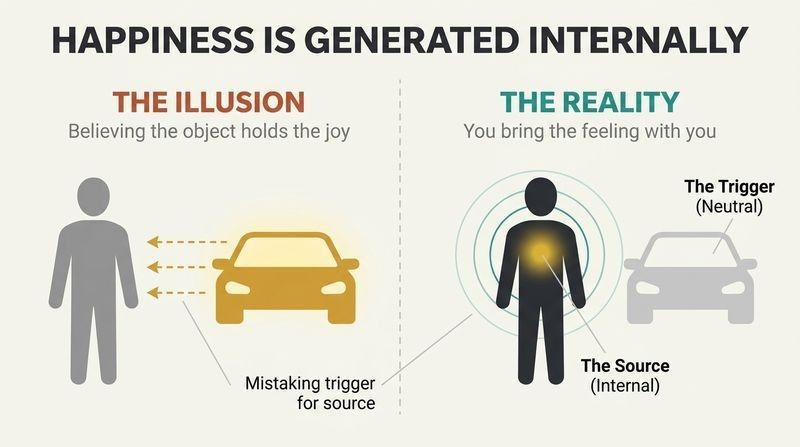 Split panel diagram comparing the illusion of happiness coming from an external object versus the reality of joy originating from within the person.