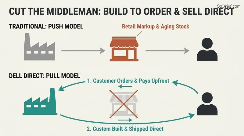 Stacked comparison diagram contrasting the traditional retail supply chain with Dell's direct-to-consumer, build-to-order model.