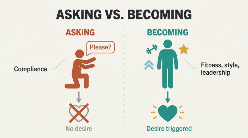 Split panel contrasting a pleading figure producing no response on the left with a self-improving figure triggering attraction on the right.