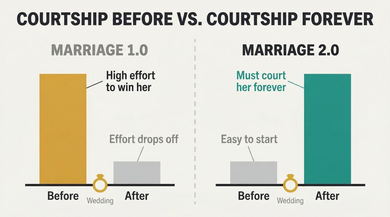 Split panel comparing two marriage models where effort bars before and after the wedding are mirror-inverted, showing how modern marriage flips when courtship is required.