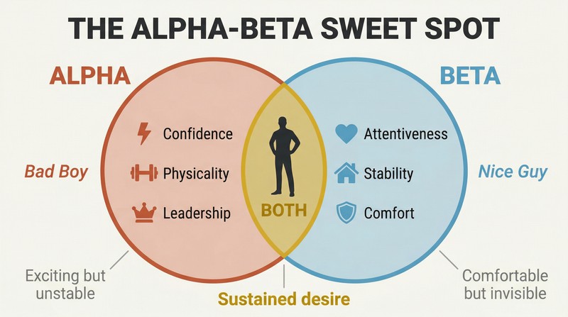 Venn diagram with two overlapping circles showing Alpha traits and Beta traits, where only the intersection zone produces sustained desire.