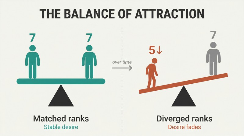 Split panel comparing a level seesaw with two equally ranked figures to a tilted seesaw where one figure's rank has dropped, showing how rank divergence destabilizes relationships.