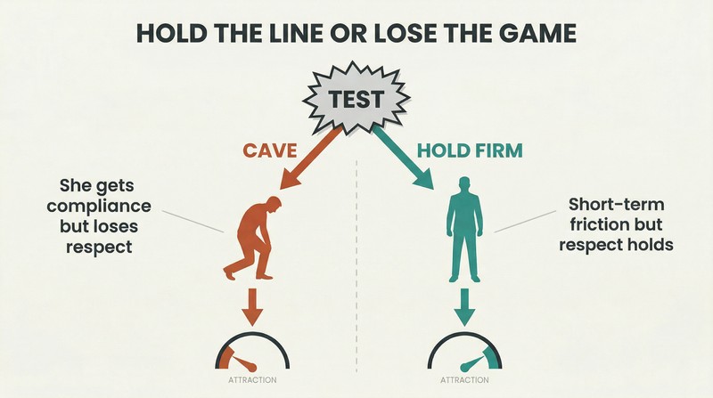 Fork diagram showing a boundary test splitting into two paths: caving leads to lost attraction while holding firm maintains it.