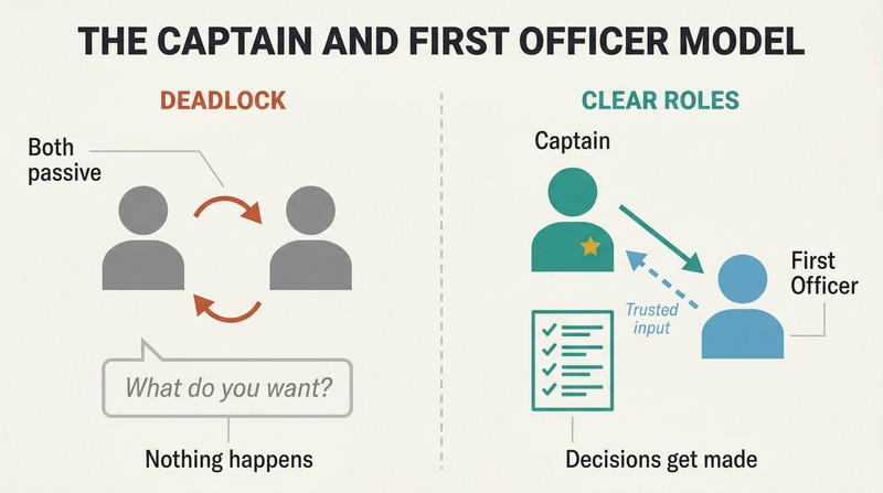 Split comparison showing a deadlocked couple on the left versus a clear captain and first officer leadership hierarchy on the right.