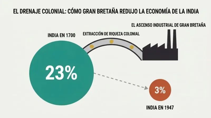 Diagram showing a large teal circle representing India's 23% global GDP share in 1700 siphoned via an extraction pipe into a British factory, leaving a tiny 3% terracotta circle by 1947.