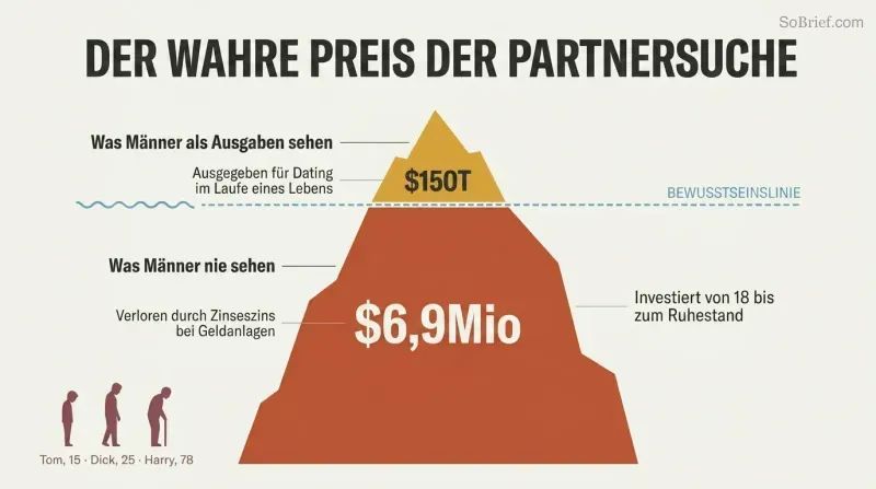 Iceberg diagram showing $150K in visible dating expenses as a small tip above a waterline, with $6.9M in lost investment returns as a massive hidden body below.