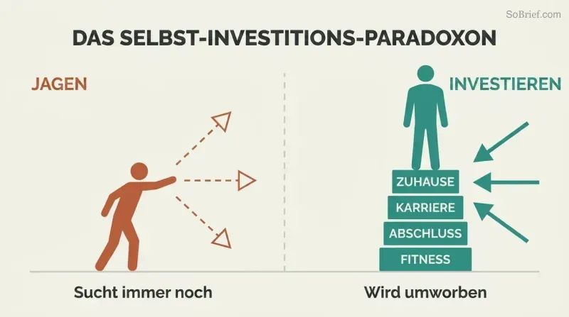 Split panel contrasting outward pursuit at ground level with elevated self-investment attracting inward convergence arrows.