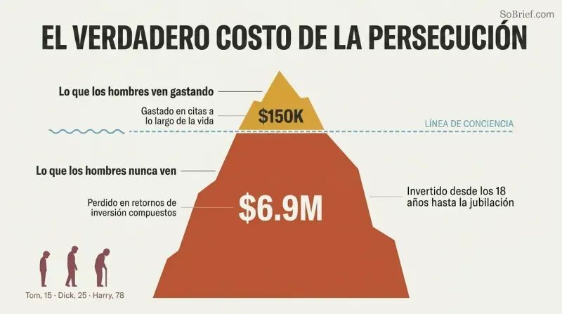 Iceberg diagram showing $150K in visible dating expenses as a small tip above a waterline, with $6.9M in lost investment returns as a massive hidden body below.