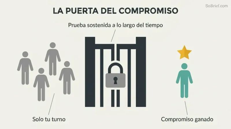 Locked gate separating multiple gray figures in a large default zone from a single teal figure beneath a gold star in a smaller protected commitment zone.