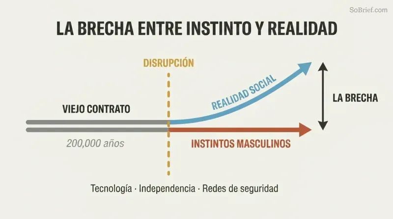 Parallel lines diverge after a central disruption point, with social reality ascending while male instincts stay flat, revealing a widening mismatch.