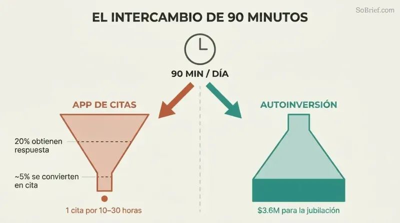 Mirrored funnels showing dating app time narrowing to near-zero dates while the same time invested expands to $3.6 million.