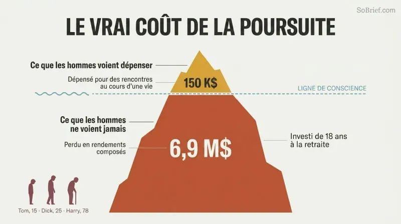 Iceberg diagram showing $150K in visible dating expenses as a small tip above a waterline, with $6.9M in lost investment returns as a massive hidden body below.