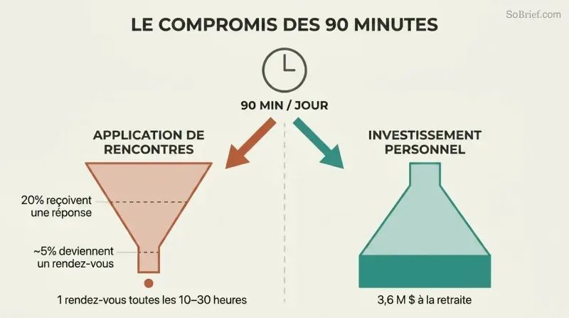 Mirrored funnels showing dating app time narrowing to near-zero dates while the same time invested expands to $3.6 million.