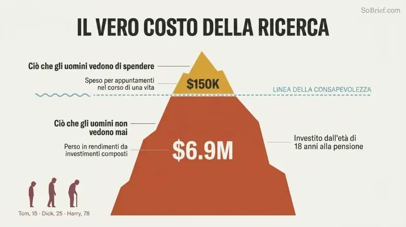 Iceberg diagram showing $150K in visible dating expenses as a small tip above a waterline, with $6.9M in lost investment returns as a massive hidden body below.