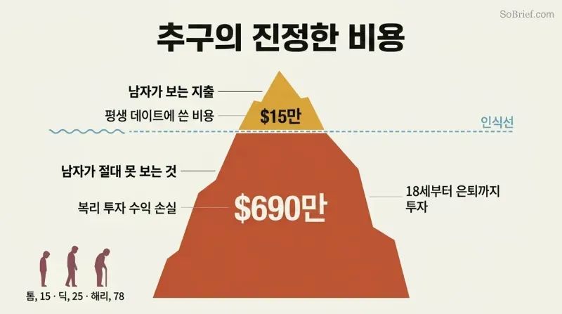 Iceberg diagram showing $150K in visible dating expenses as a small tip above a waterline, with $6.9M in lost investment returns as a massive hidden body below.