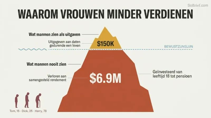 Iceberg diagram showing $150K in visible dating expenses as a small tip above a waterline, with $6.9M in lost investment returns as a massive hidden body below.