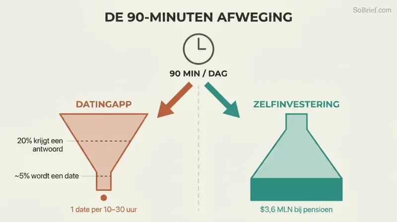 Mirrored funnels showing dating app time narrowing to near-zero dates while the same time invested expands to $3.6 million.