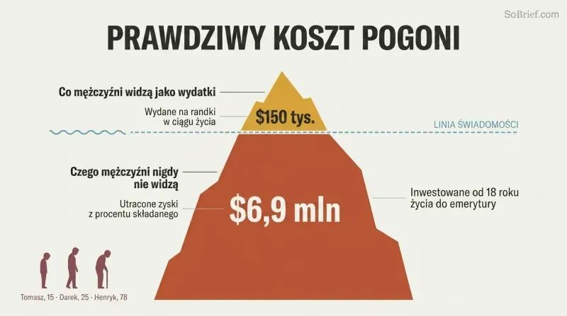 Iceberg diagram showing $150K in visible dating expenses as a small tip above a waterline, with $6.9M in lost investment returns as a massive hidden body below.
