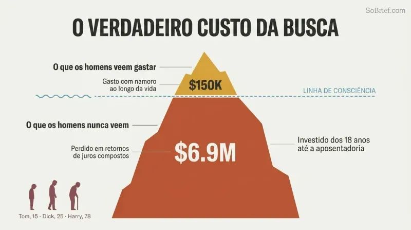Iceberg diagram showing $150K in visible dating expenses as a small tip above a waterline, with $6.9M in lost investment returns as a massive hidden body below.