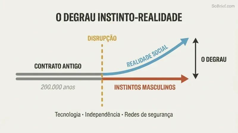Parallel lines diverge after a central disruption point, with social reality ascending while male instincts stay flat, revealing a widening mismatch.