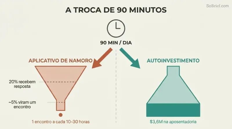 Mirrored funnels showing dating app time narrowing to near-zero dates while the same time invested expands to $3.6 million.