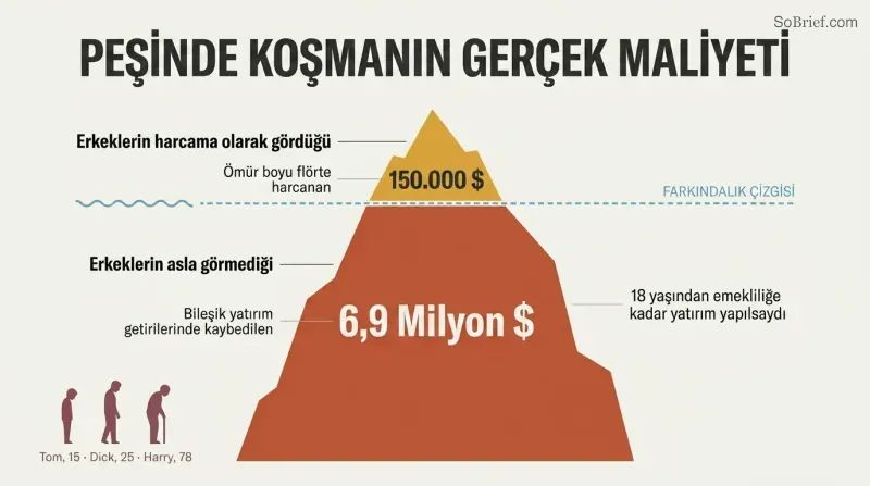 Iceberg diagram showing $150K in visible dating expenses as a small tip above a waterline, with $6.9M in lost investment returns as a massive hidden body below.