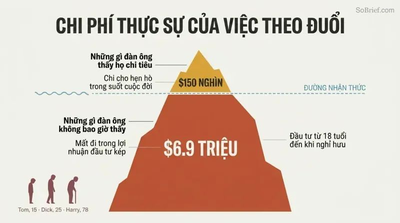 Iceberg diagram showing $150K in visible dating expenses as a small tip above a waterline, with $6.9M in lost investment returns as a massive hidden body below.