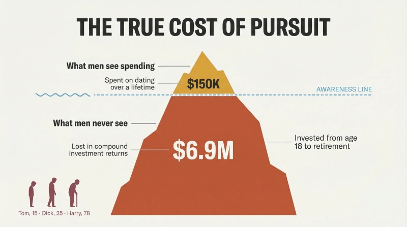 Iceberg diagram showing $150K in visible dating expenses as a small tip above a waterline, with $6.9M in lost investment returns as a massive hidden body below.