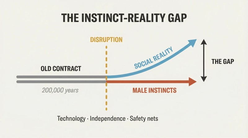 Parallel lines diverge after a central disruption point, with social reality ascending while male instincts stay flat, revealing a widening mismatch.