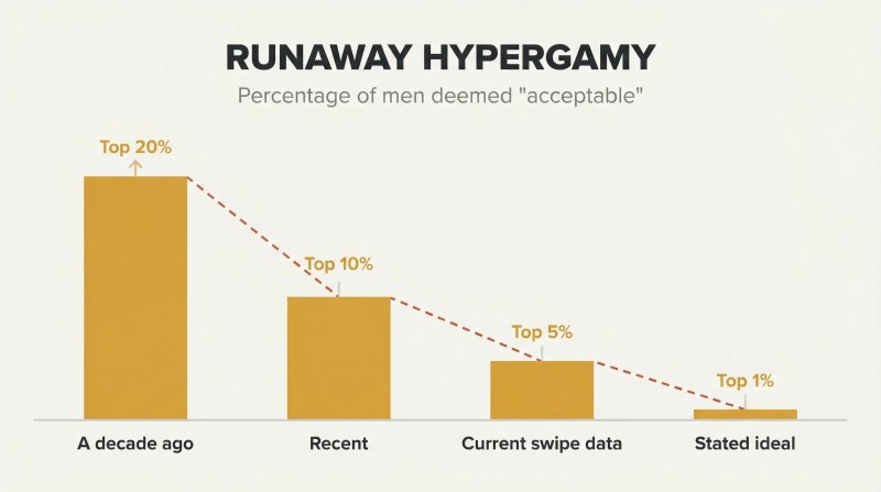 Four amber bars of dramatically decreasing height show the share of men deemed acceptable shrinking from 20% to 10% to 5% to 1% over time.