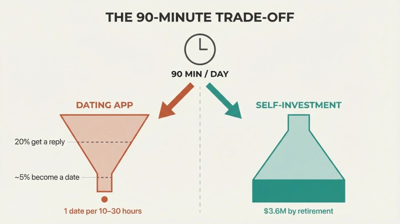 Mirrored funnels showing dating app time narrowing to near-zero dates while the same time invested expands to $3.6 million.