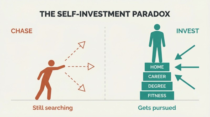 Split panel contrasting outward pursuit at ground level with elevated self-investment attracting inward convergence arrows.