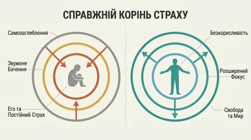 Split-panel diagram contrasting how self-preoccupation narrows focus to produce fear with how selflessness expands focus to bring peace.