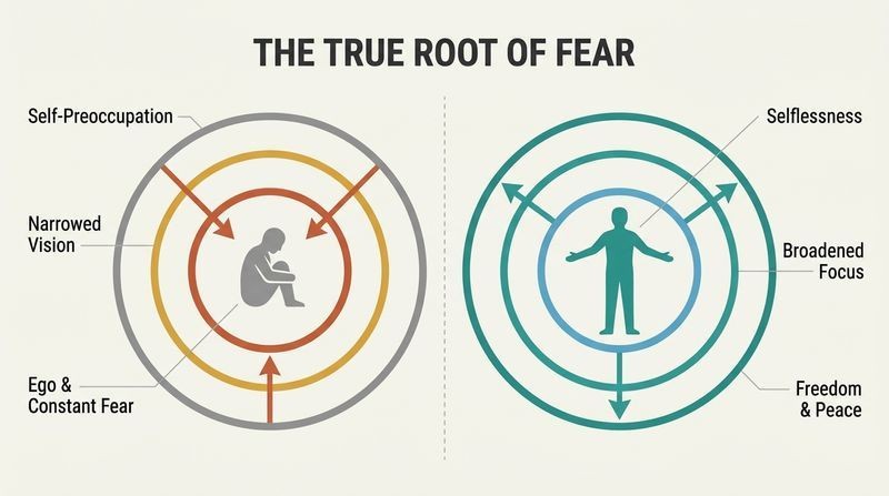 Split-panel diagram contrasting how self-preoccupation narrows focus to produce fear with how selflessness expands focus to bring peace.
