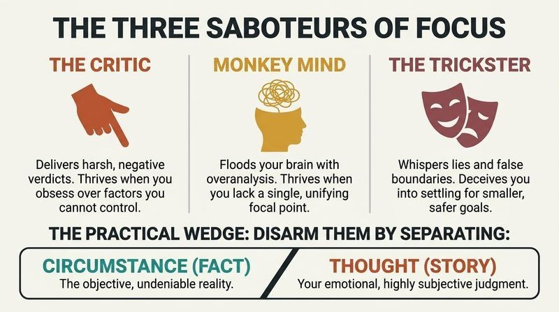 A three-column comparative diagram profiling the Critic, Monkey Mind, and Trickster, anchored by a bottom horizontal wedge dividing neutral circumstances from emotional thoughts.