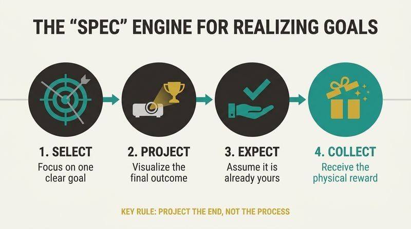 A horizontal four-step sequence showing the SPEC process: Select, Project, Expect, and Collect, visually guiding the transformation of an idea into a final physical achievement.