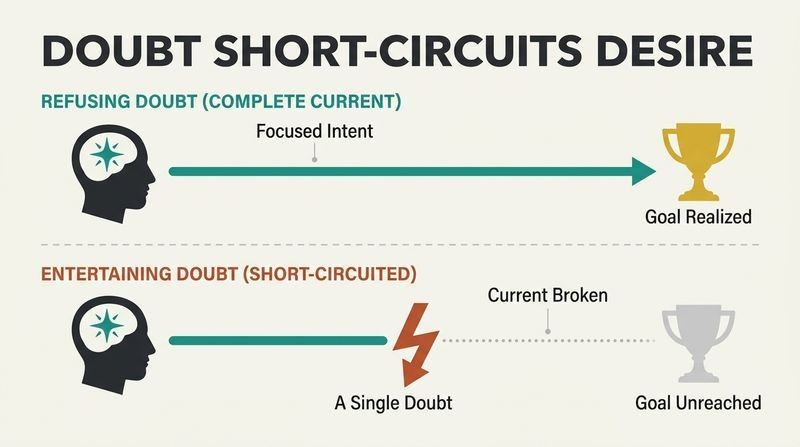 Split circuit diagram showing uninterrupted mental energy reaching its goal compared to energy being short-circuited and grounded by a single doubt.