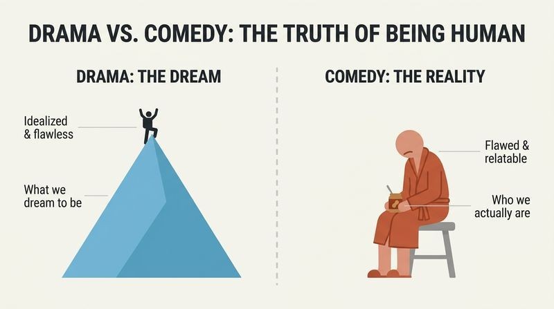 Split panel diagram contrasting Drama as the idealized dream of human triumph on a mountain, and Comedy as the raw reality of a flawed person eating peanut butter in a robe.