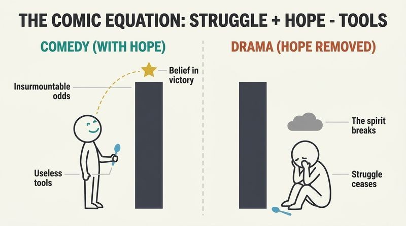 Split panel diagram contrasting how struggle without tools is Comedy when hope is present, but collapses into Drama when hope is lost.