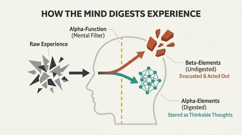Fork diagram of a head profile showing raw experiences split by a filter into ejected terracotta beta-elements and integrated teal alpha-elements.