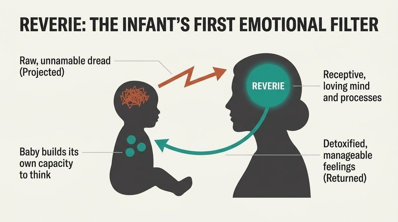 Process diagram showing an infant projecting raw dread as a jagged terracotta path into a mother’s receptive mind, which filters and returns it as a smooth, manageable teal path.