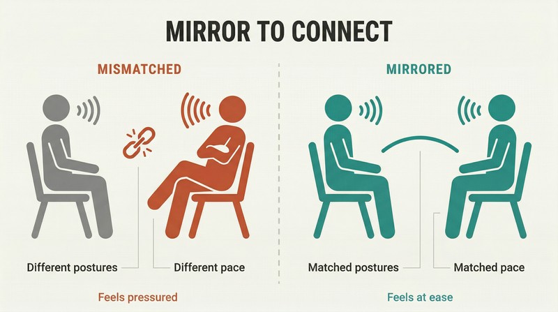 Split panel comparing two mismatched figures showing disconnection on the left with two perfectly mirrored figures showing rapport on the right.