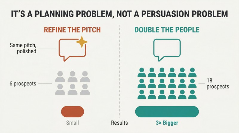Split panel comparing refining your pitch with few prospects on the left to doubling presentations with many prospects on the right, showing far greater results from volume.