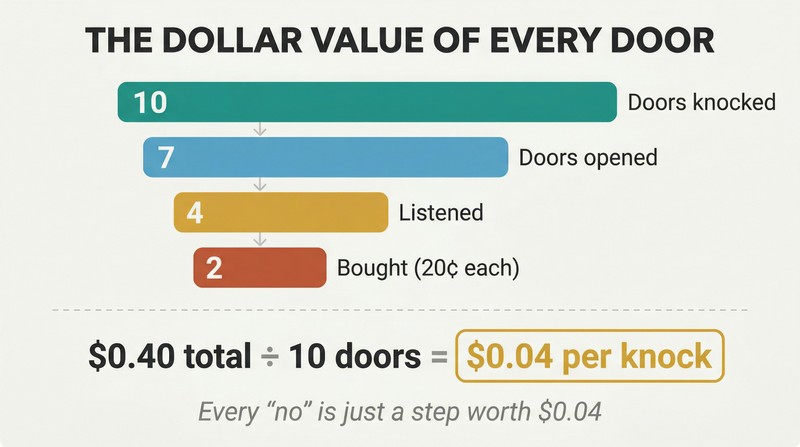Horizontal funnel of four narrowing bars showing 10 doors filtering to 7 opens, 4 listeners, and 2 buyers, with a gold equation revealing each knock is worth 4 cents.