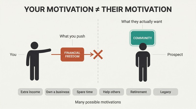 Split panel showing a presenter projecting one motivation toward a prospect who holds a completely different motivation, with the projection deflected and multiple possible motivations displayed below.