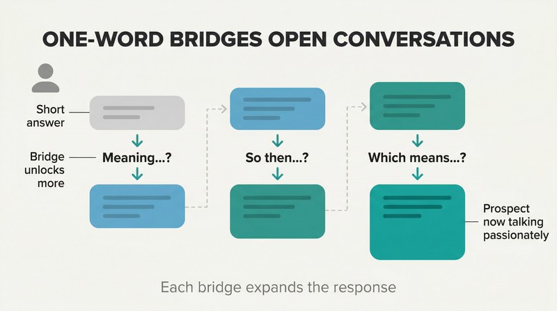Three conversation exchanges arranged left to right showing prospect response bars growing dramatically larger after each single-word bridge prompt.